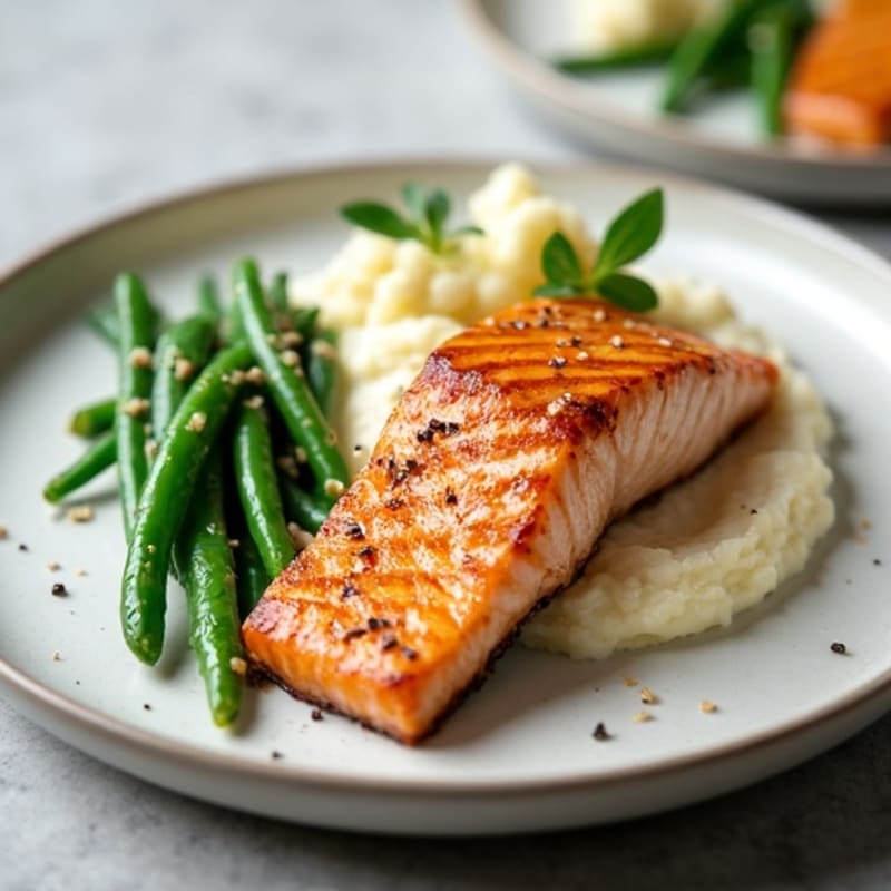 Seared Salmon Fillet with Garlic Green Beans and Cauliflower Mash