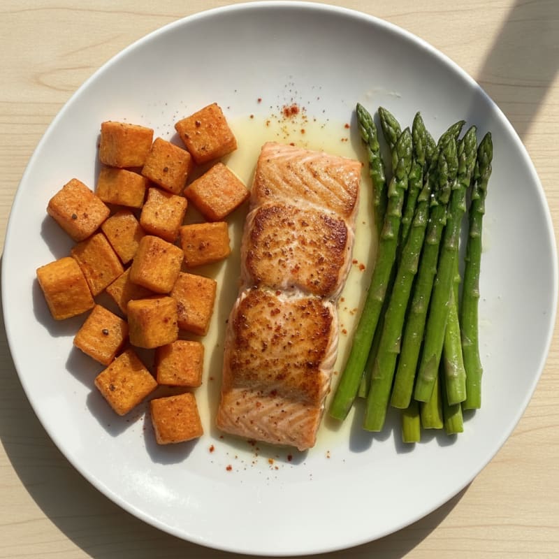 Seared Salmon with Roasted Sweet Potato and Asparagus