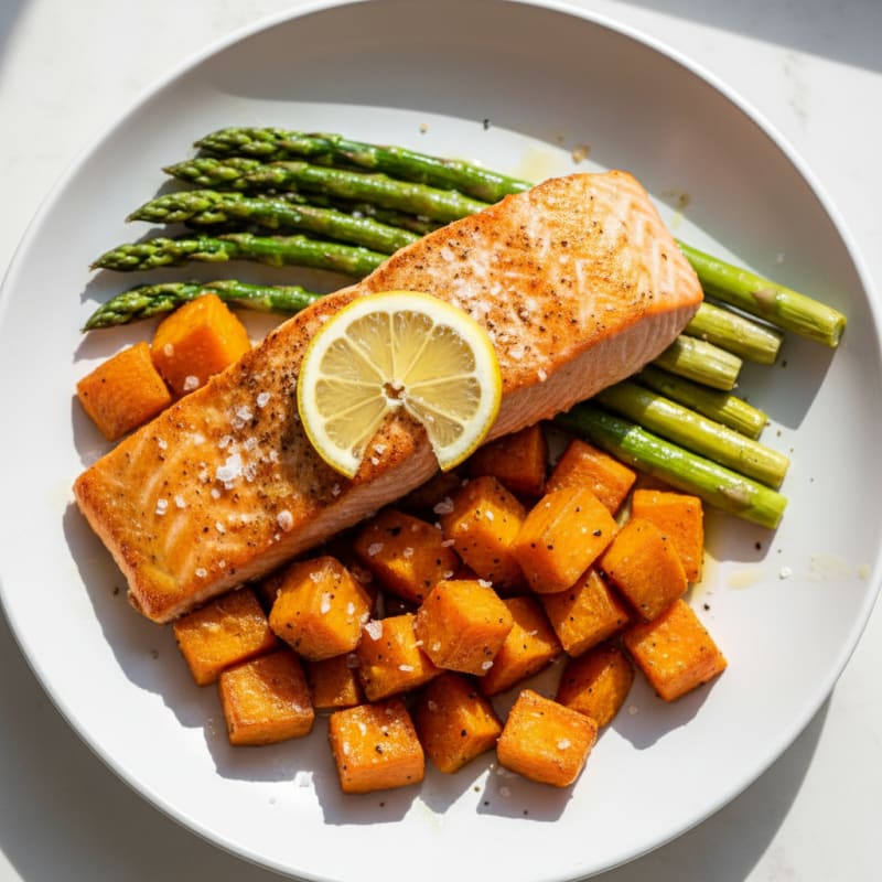 Seared Salmon with Roasted Sweet Potato and Asparagus