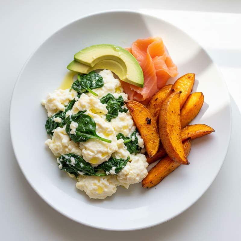 Egg White Spinach Scramble with Roasted Sweet Potatoes