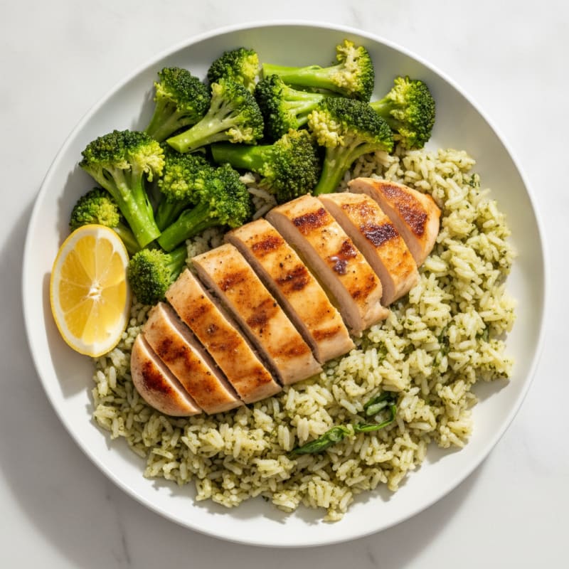 Grilled Chicken Breast with Herb Pesto Rice and Steamed Broccoli