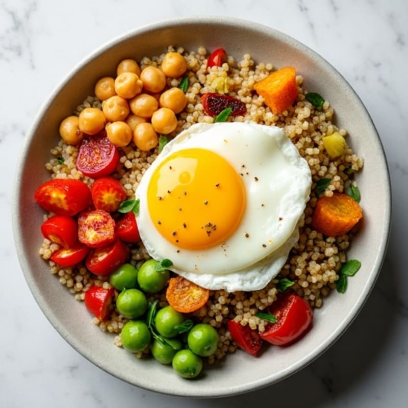 Fluffy Quinoa Bowl with Roasted Vegetables and Crispy Chickpeas