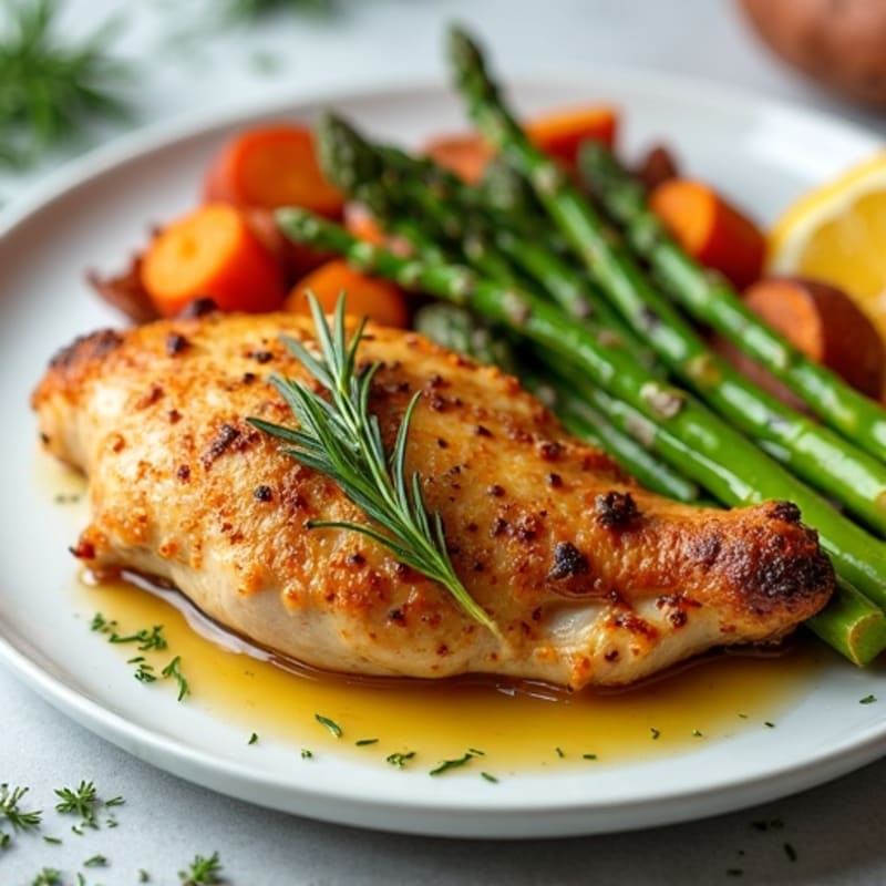 Crispy Lemon-Herb Roasted Chicken with Tender Roasted Asparagus and Sweet Potatoes