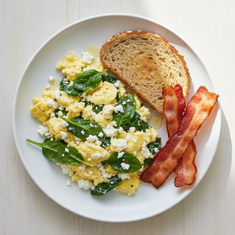 Cottage Cheese Egg Scramble with Spinach and Turkey Bacon