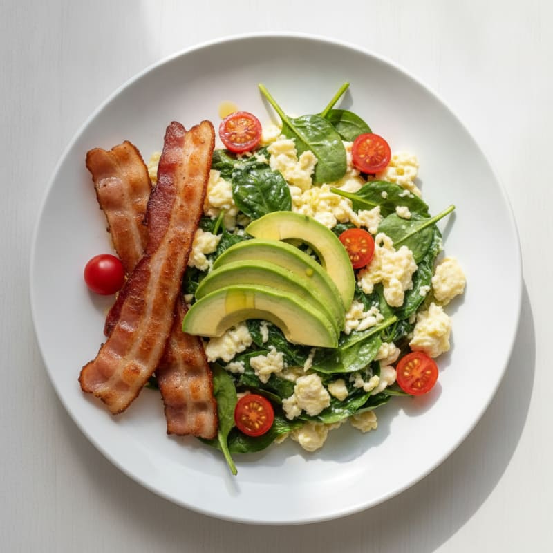 Egg White and Spinach Scramble with Grilled Turkey Bacon