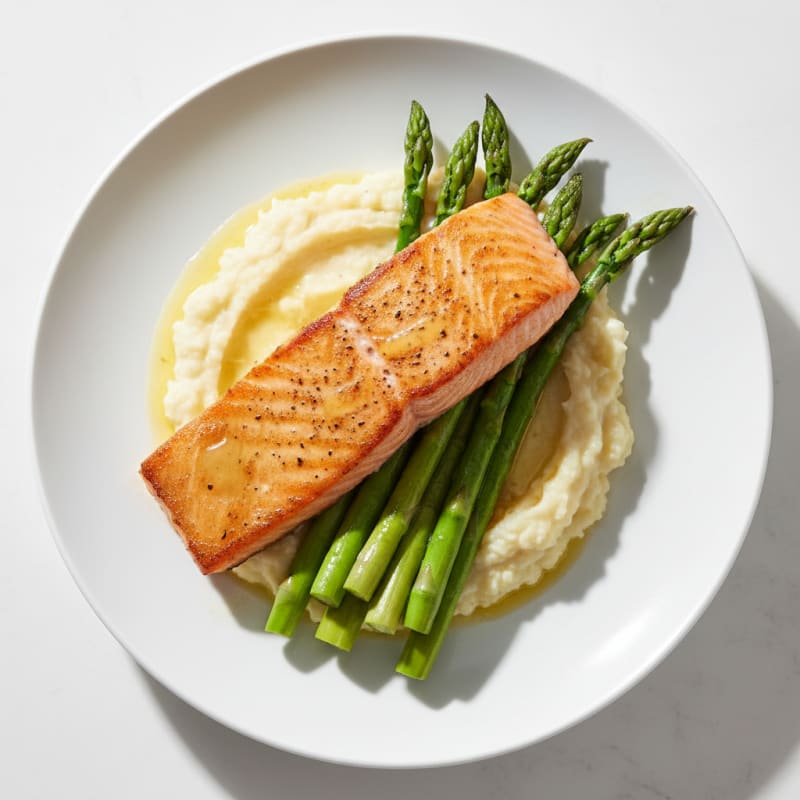 Seared Salmon with Steamed Asparagus and Cauliflower Mash