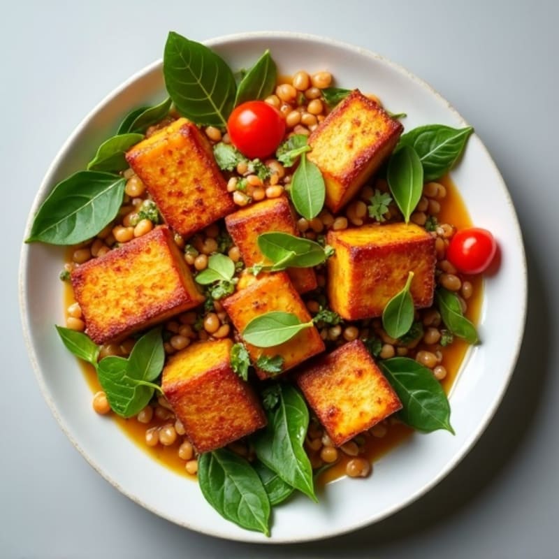 Crispy Tofu with Creamy Peanut Coconut Curry and Fresh Vegetables