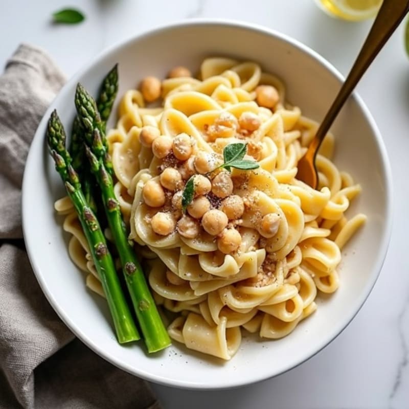 Creamy Cashew Alfredo Chickpea Pasta with Roasted Asparagus