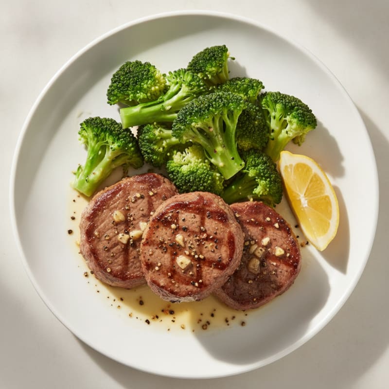 Seared Lean Beef Medallions with Steamed Broccoli