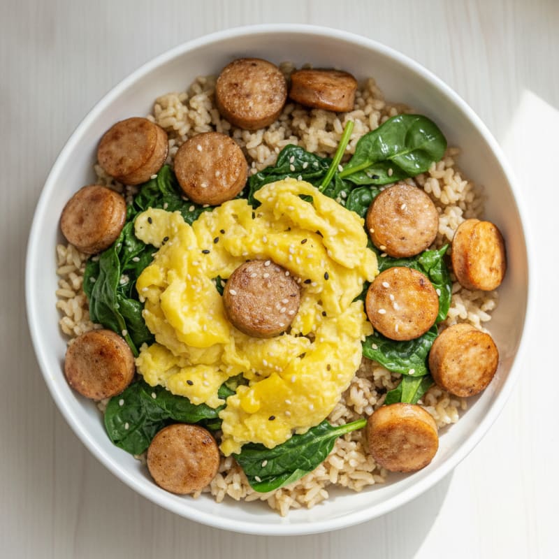 Egg and Chicken Sausage Brown Rice Bowl