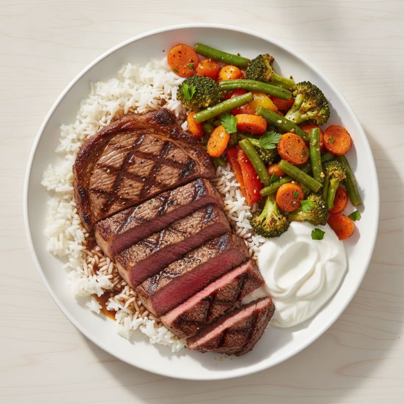 Pan-Seared Steak with Roasted Vegetables and Rice