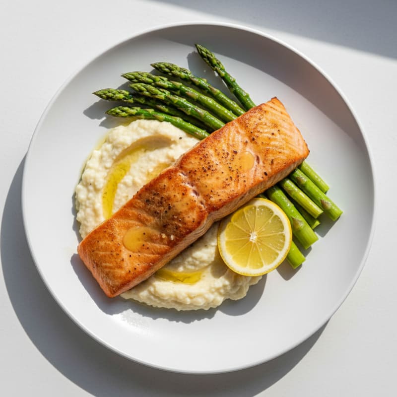 Seared Salmon with Steamed Asparagus and Cauliflower Mash