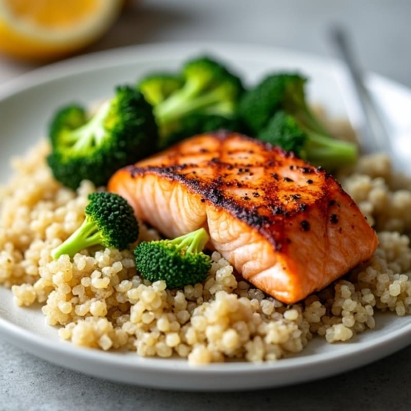 Seared Salmon with Steamed Broccoli and Quinoa