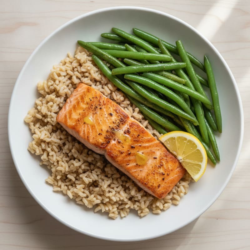 Seared Salmon with Steamed Green Beans and Brown Rice