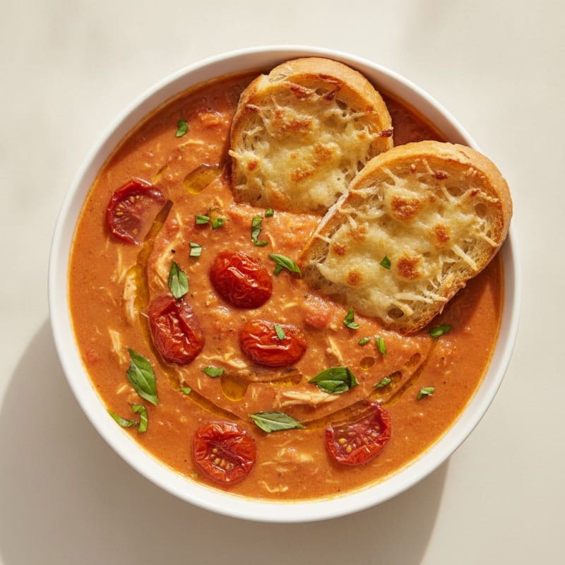 Roasted Tomato Basil Soup with Parmesan Crostini