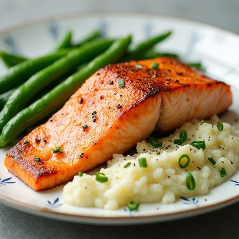 Seared Salmon with Steamed Green Beans and Herb Cauliflower Mash