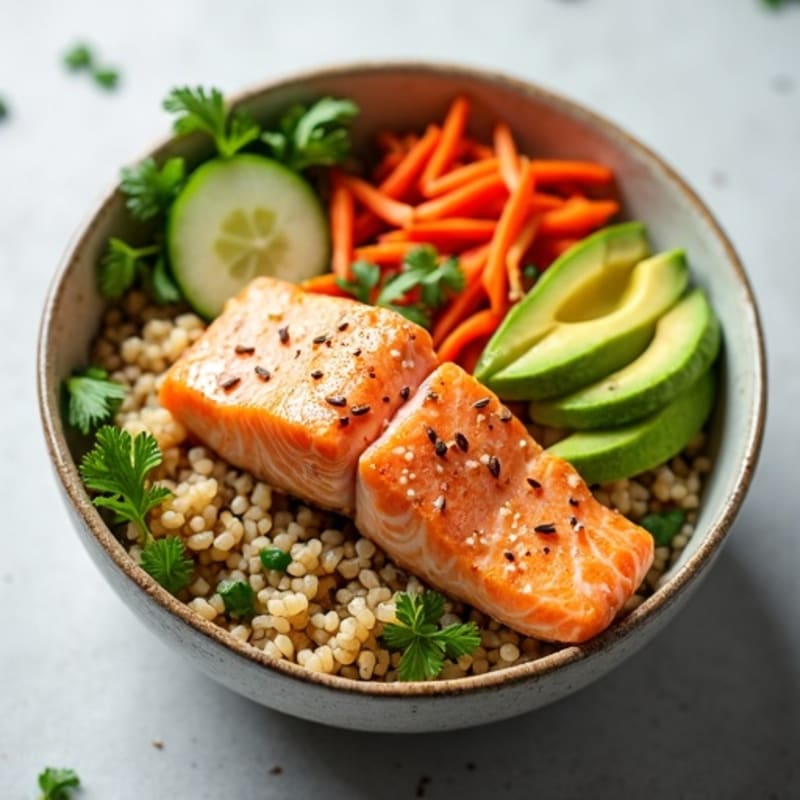 Fresh Salmon and Avocado Rice Bowl with Crunchy Vegetables