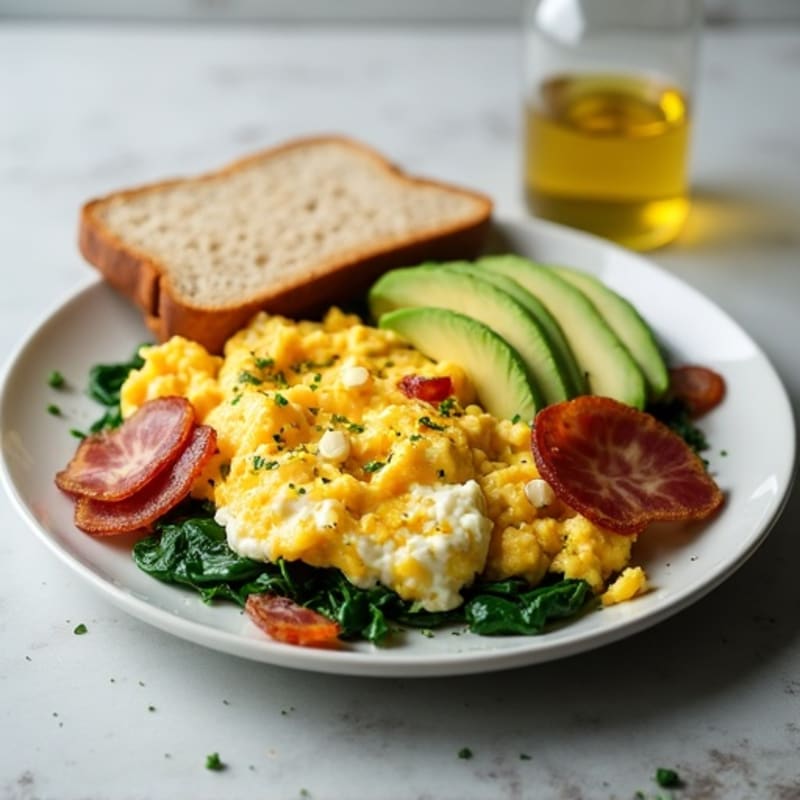 Egg White and Cottage Cheese Scramble with Spinach and Turkey Bacon