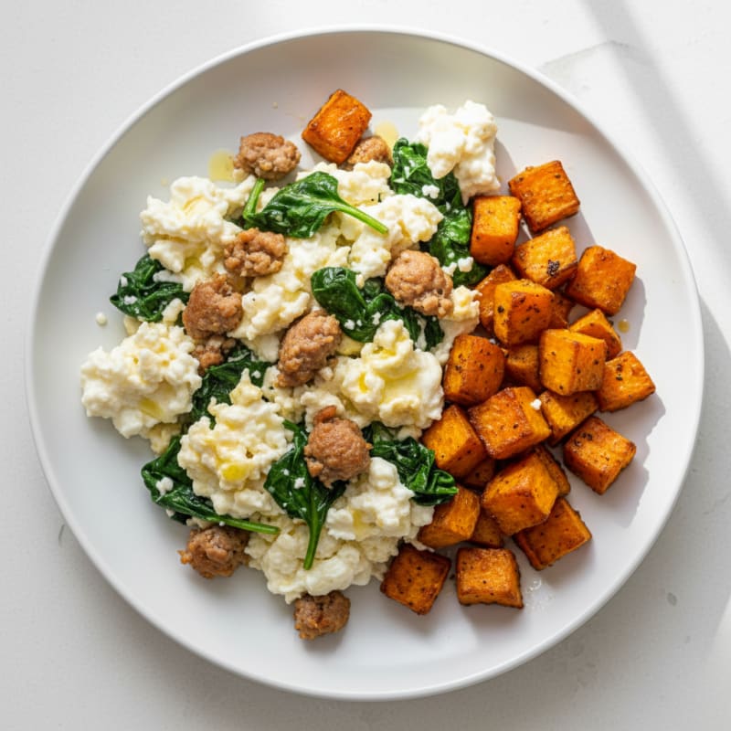 Egg White and Turkey Sausage Scramble with Spinach and Roasted Sweet Potatoes
