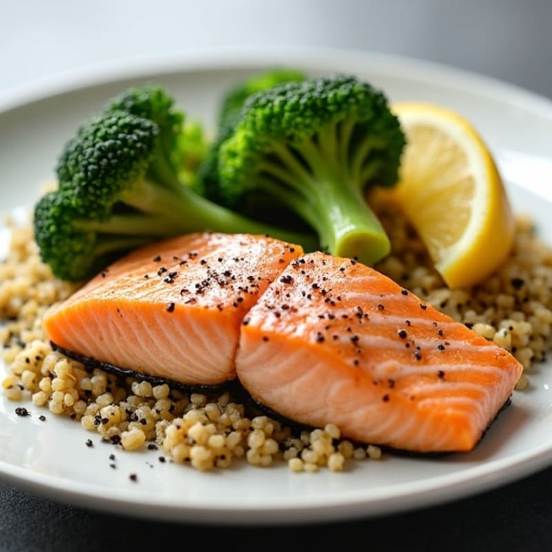 Seared Salmon Fillet with Steamed Broccoli and Quinoa