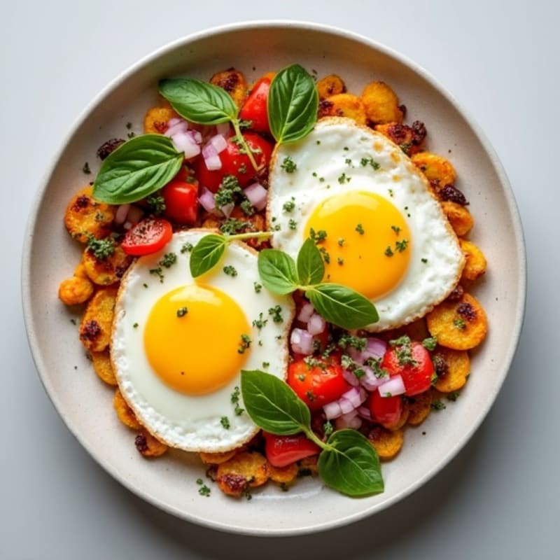 Pan-Seared Eggs with Crispy Plantain Hash and Fresh Herb Salad