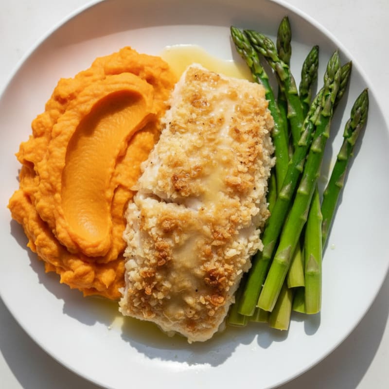 Crispy Baked Cod with Sweet Potato Mash and Steamed Asparagus