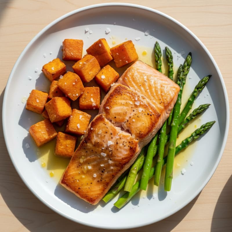 Seared Salmon with Roasted Sweet Potato and Asparagus