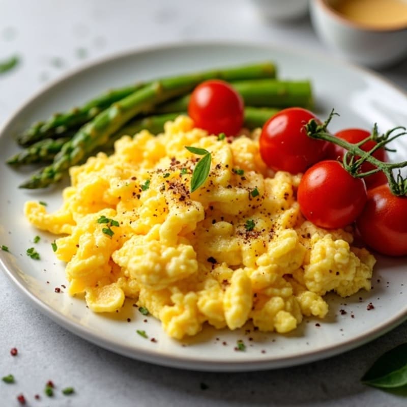 Fluffy Scrambled Eggs with Roasted Asparagus and Cherry Tomatoes
