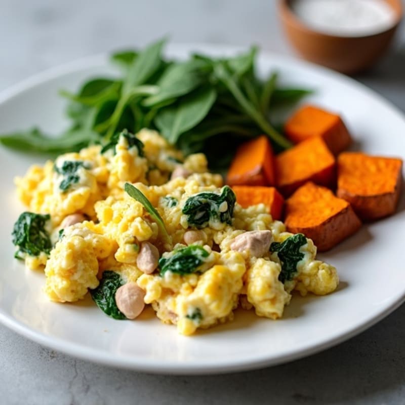 Egg White and Turkey Spinach Scramble with Roasted Sweet Potatoes