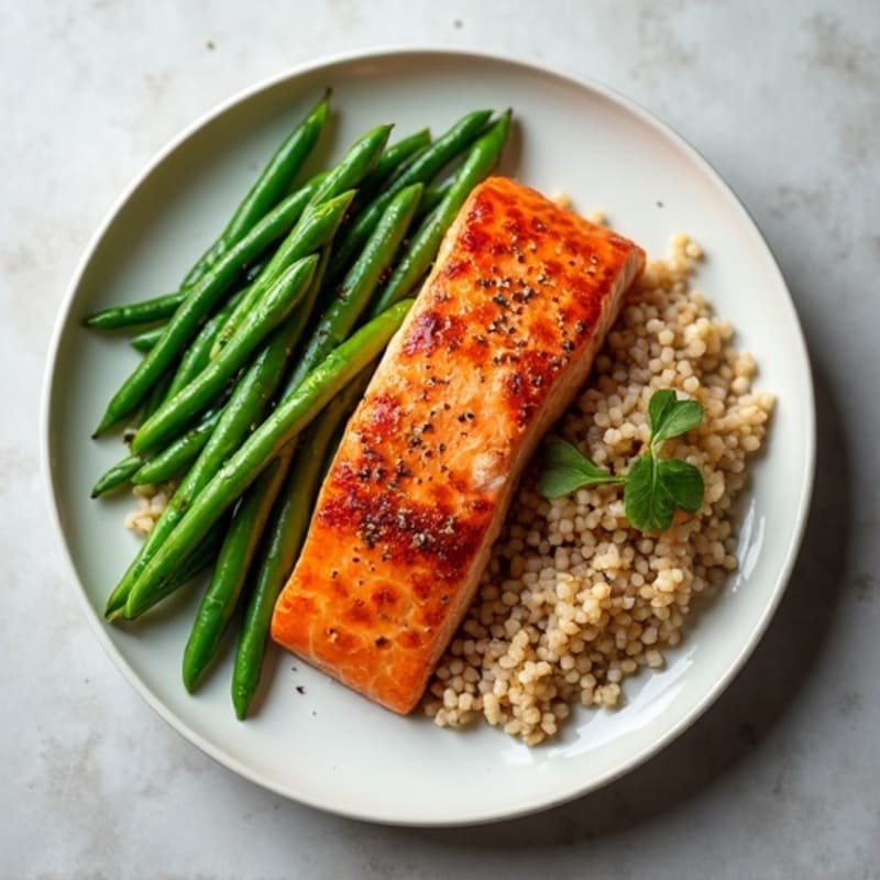 Seared Salmon Fillet with Steamed Green Beans and Brown Rice
