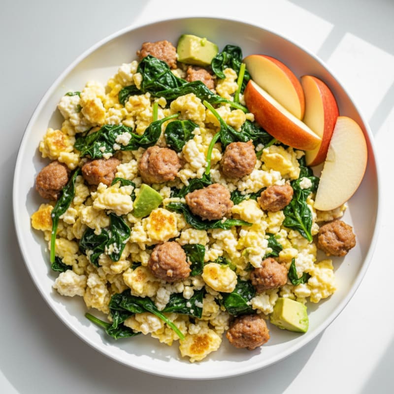 Cottage Cheese Scramble with Turkey Sausage and Spinach