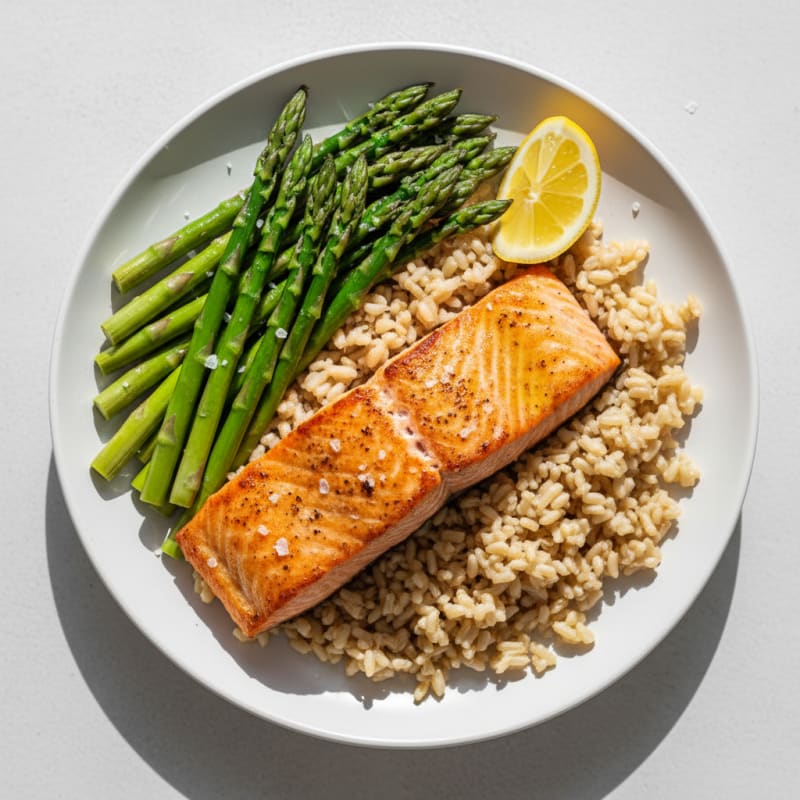 Seared Salmon with Steamed Asparagus and Brown Rice