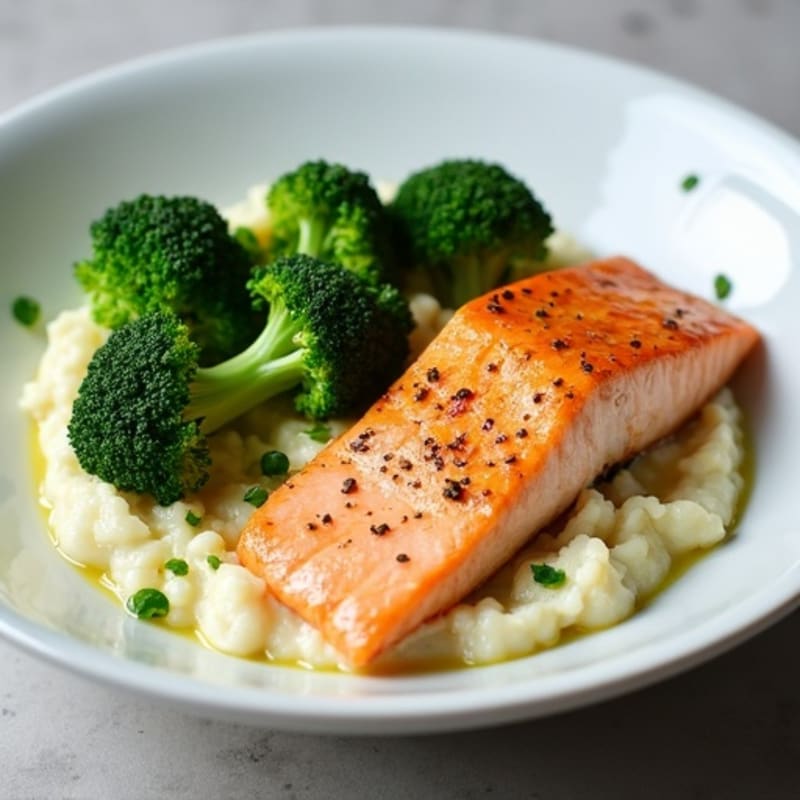 Seared Salmon Fillet with Steamed Broccoli and Garlic Cauliflower Mash