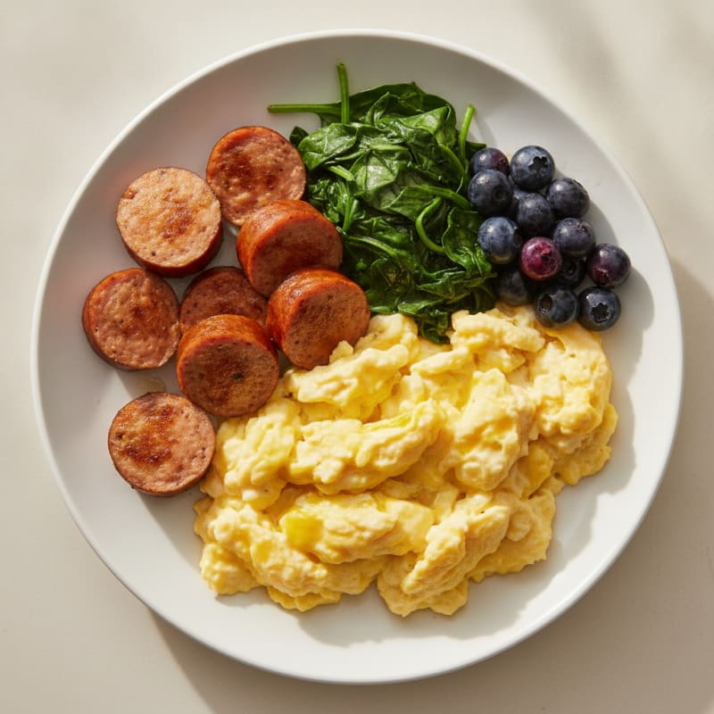 Scrambled Eggs with Chicken Sausage and Sautéed Spinach