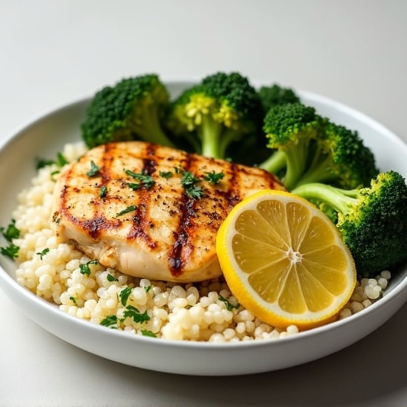 Grilled Lemon Chicken Breast with Roasted Broccoli and Cauliflower Rice