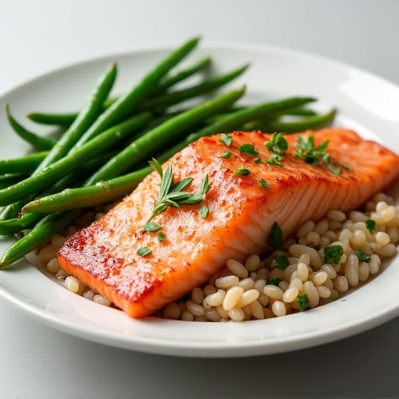 Seared Salmon with Steamed Green Beans and Brown Rice