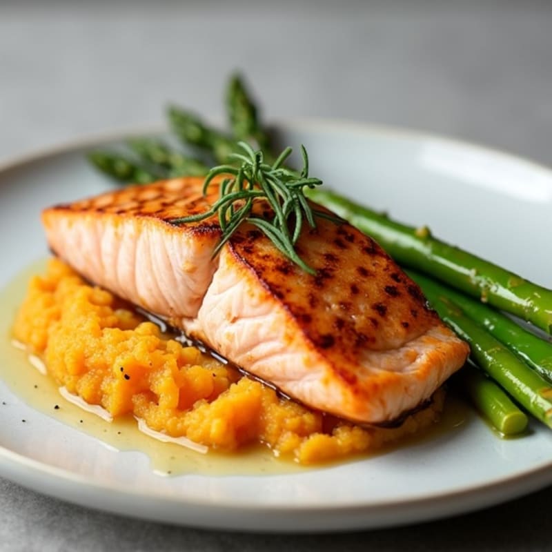 Seared Salmon with Steamed Asparagus and Sweet Potato Mash