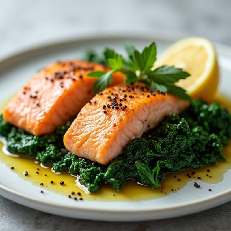 Pan-Seared Salmon with Roasted Collard Greens and Garlic