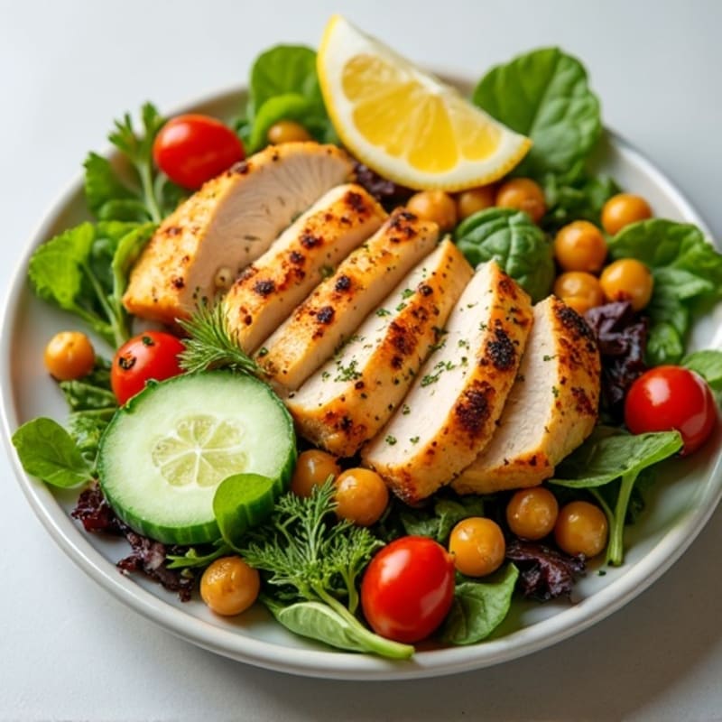 Lemon Herb Chicken Salad with Crispy Chickpeas and Fresh Vegetables