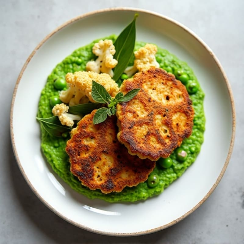 Seared Tempeh Cutlets with Herb-Roasted Cauliflower and Pea Puree