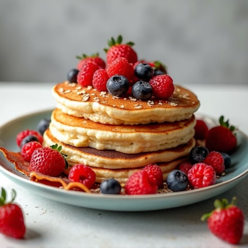 Fluffy Protein Pancakes with Sweet Berries and Savory Turkey Bacon