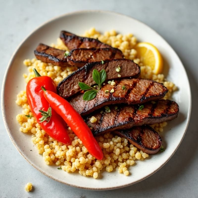 Grilled Beef Strips with Roasted Bell Peppers and Cous Cous
