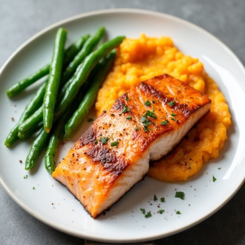 Seared Salmon with Steamed Green Beans and Sweet Potato Mash