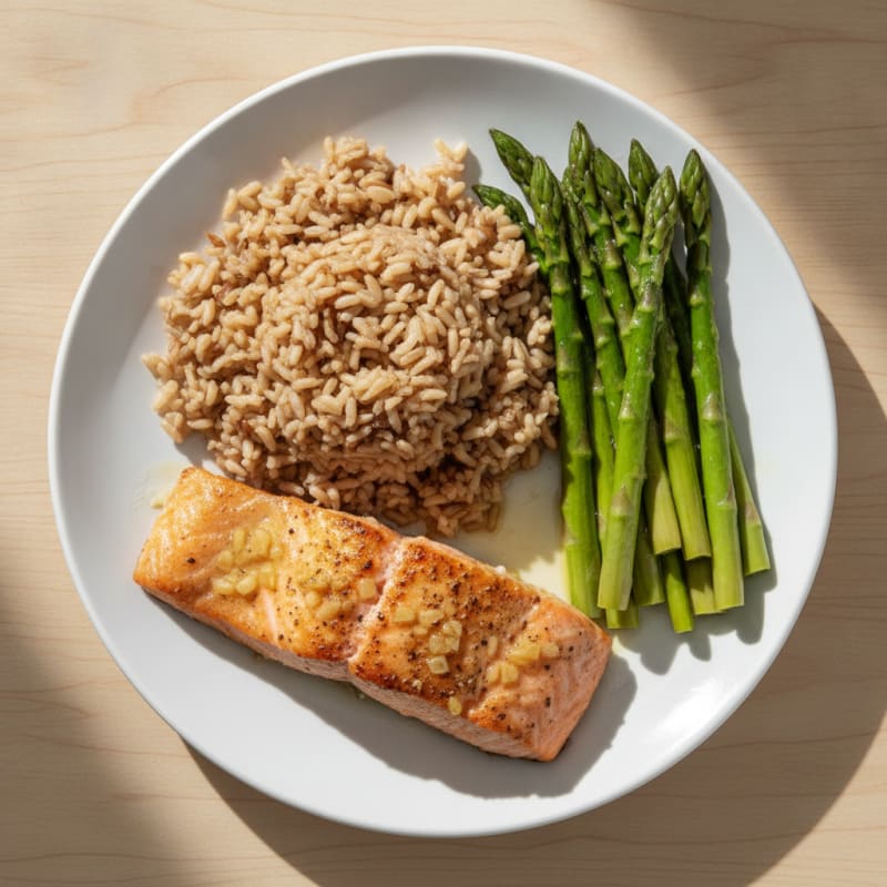 Baked Salmon with Steamed Asparagus and Brown Rice