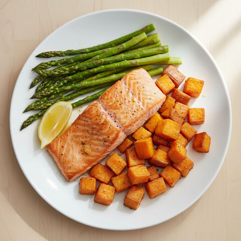 Seared Salmon with Roasted Sweet Potato and Asparagus