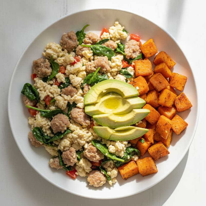 Egg White and Turkey Sausage Scramble with Roasted Sweet Potatoes
