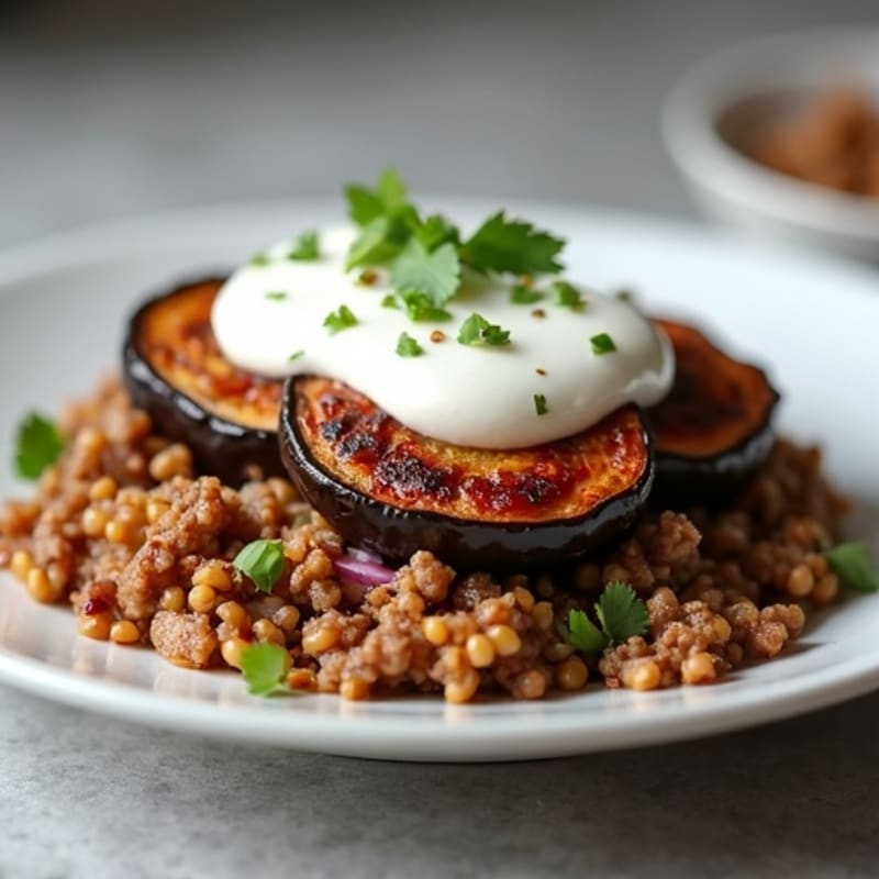 Roasted Eggplant and Lean Ground Lamb Bake with Creamy Topping