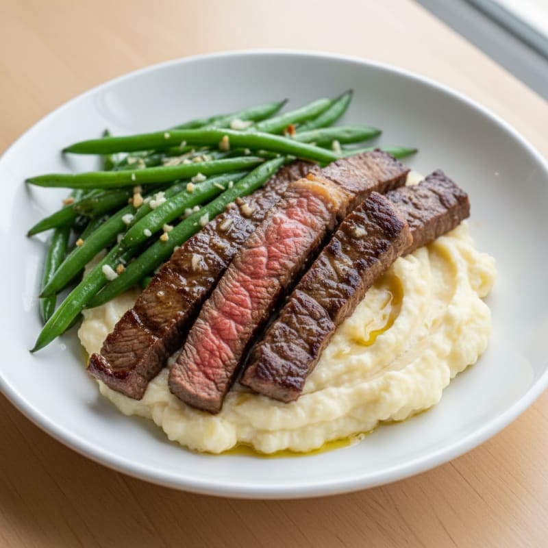 Seared Lean Beef Strips with Garlic Green Beans and Cauliflower Mash