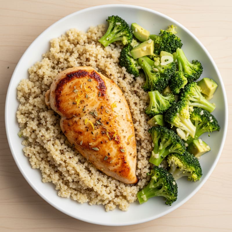 Lemon Herb Chicken Breast with Quinoa and Steamed Broccoli