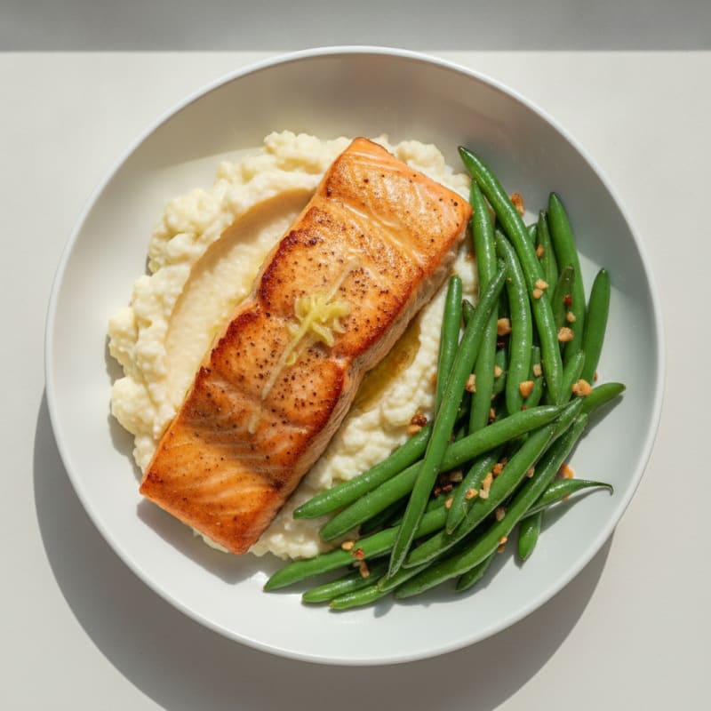 Seared Salmon with Garlic Green Beans and Cauliflower Mash